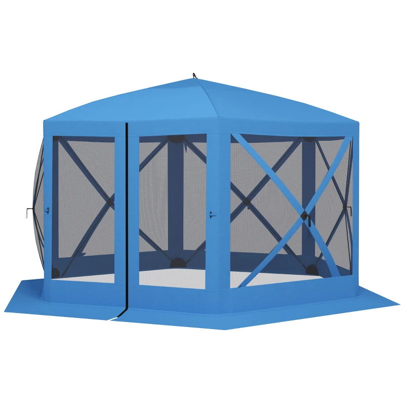 Outsunny 12' x 12' Hexagon Automatic Pop Up Screen Tents, Camping Shelter w/ Mesh Sidewalls and Carry Bag Blue