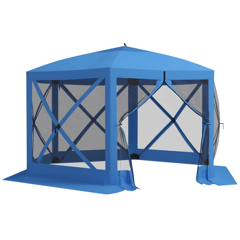 Outsunny 12' x 12' Hexagon Automatic Pop Up Screen Tents, Camping Shelter w/ Mesh Sidewalls and Carry Bag Blue