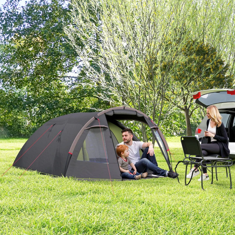 Outsunny 2-4 Man Camping Tent, 3000mm Waterproof Tunnel Tent with 2 Rooms, Sewn-in Groundsheet, 3 Doors and Hook