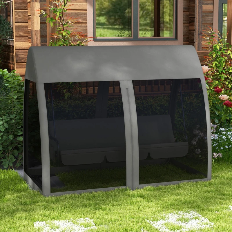Outsunny 3 Seat Outdoor Swing Chair Convertible Covered Day Bed with Canopy, Mesh Netting, Steel Stand for Garden, Patio, Gray
