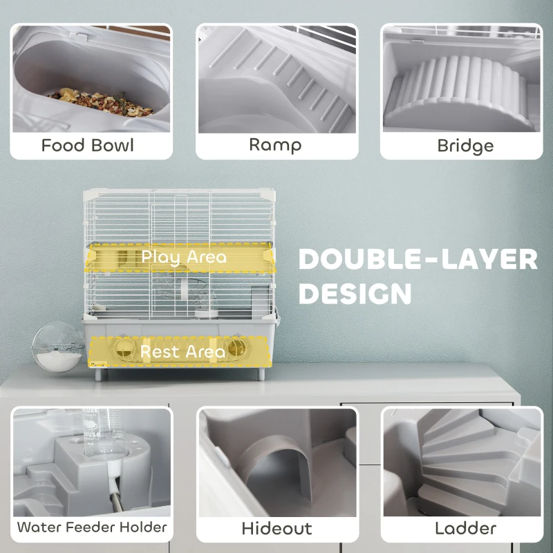 PawHut 2-Tier Hamster Cage with Sand Bathroom, Running Wheel, Water Bottle, Tubes, Accessories, for Dwarf Hamster, Gray