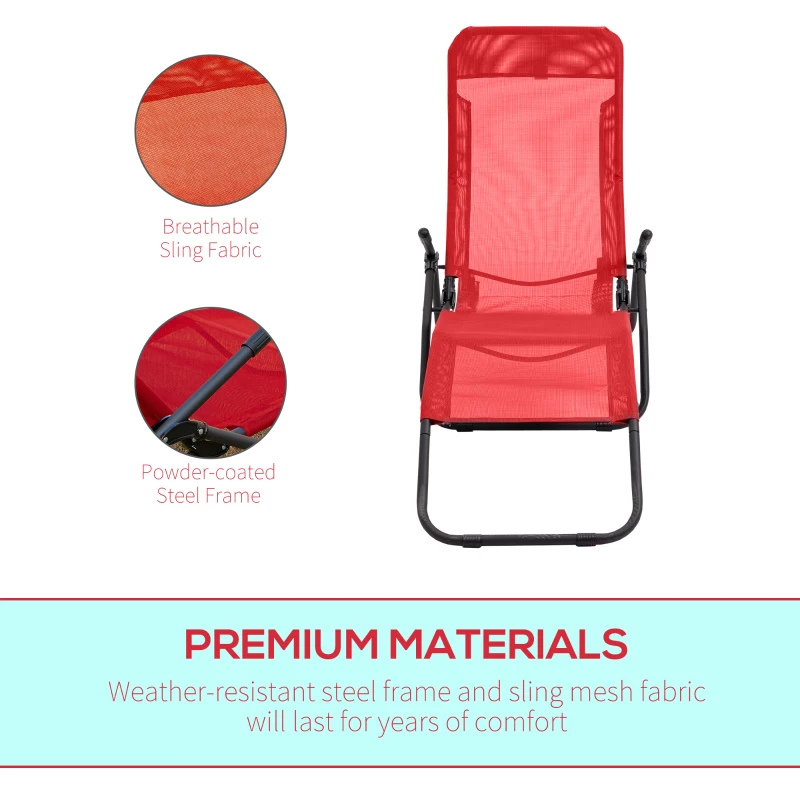 Outsunny Foldable Patio Lounge Chair, Outdoor Beach Lounger with Breathable Mesh Fabric, Zero Gravity Chair with Reclining, Footrests, and Armrests, for Garden, Pool, Red