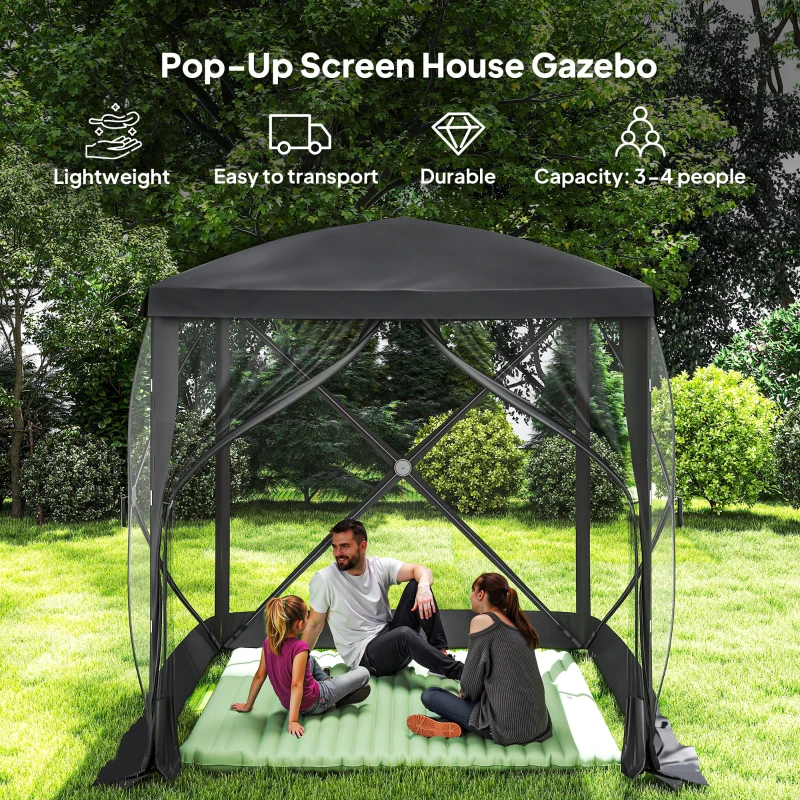 Outsunny Pop-Up Tent, Foldable Screen Tent with Carry Bag, Zippered Door and Ground Stakes, Fits 3-4 People, Black