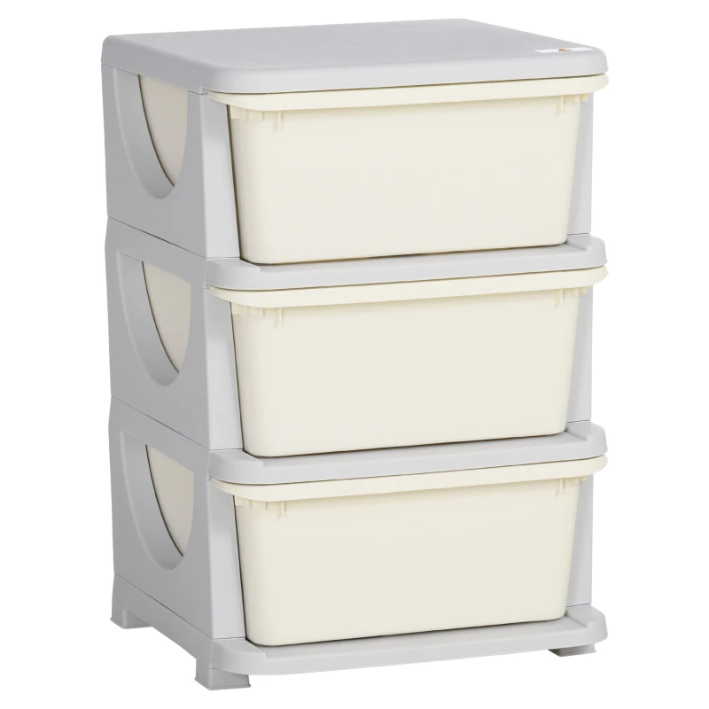 Qaba 3 Tier Kids Toy Organizer and Storage Bins with 3 Plastic Drawers, Cream White