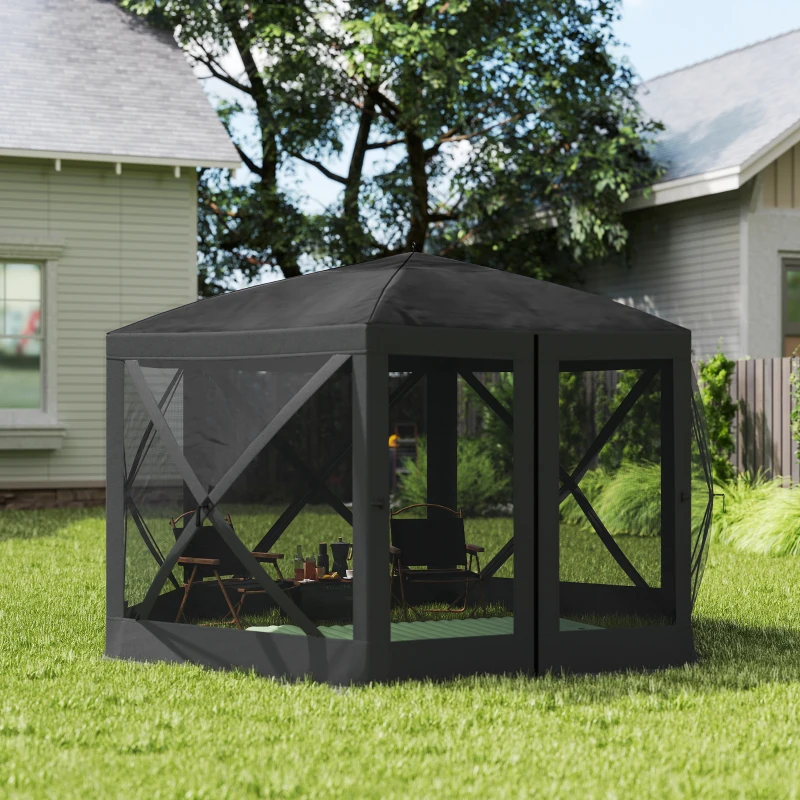 Outsunny 12' x 12' Hexagon Automatic Pop Up Screen Tents, Camping Shelter w/ Mesh Sidewalls and Carry Bag Black