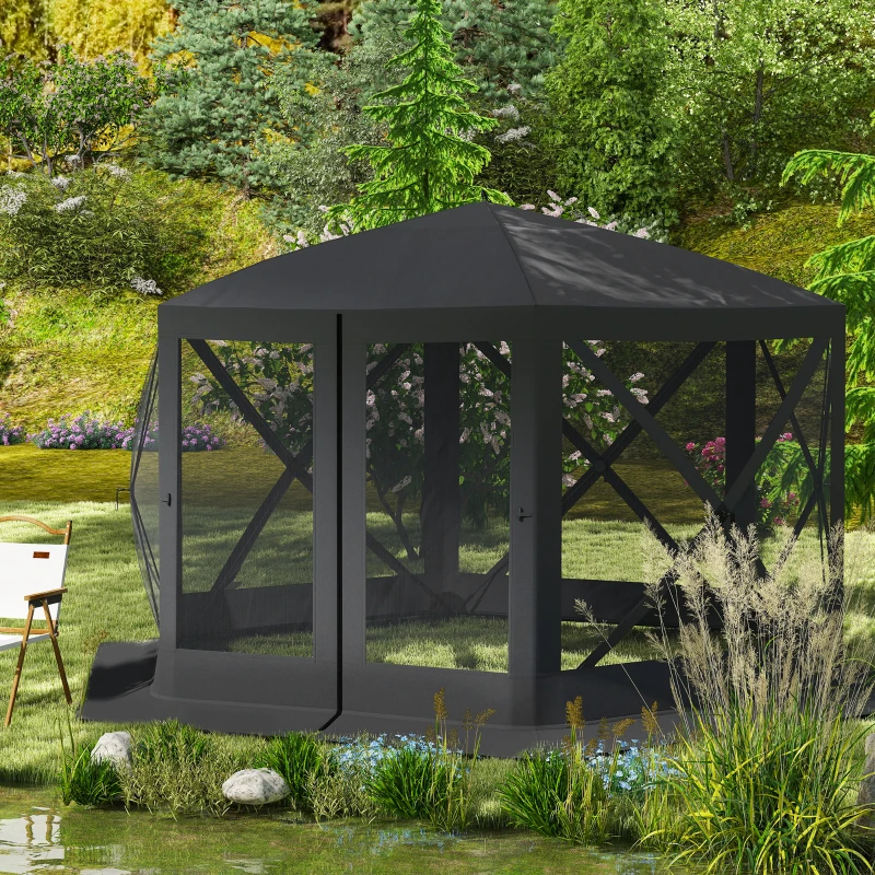 Outsunny 12' x 12' Hexagon Automatic Pop Up Screen Tents, Camping Shelter w/ Mesh Sidewalls and Carry Bag Black