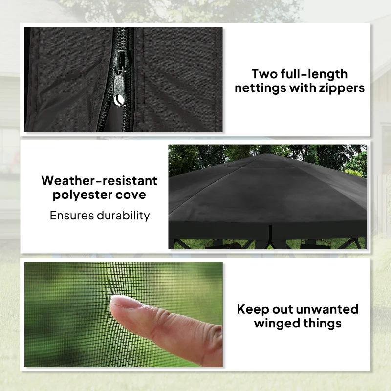 Outsunny 12' x 12' Hexagon Automatic Pop Up Screen Tents, Camping Shelter w/ Mesh Sidewalls and Carry Bag Black