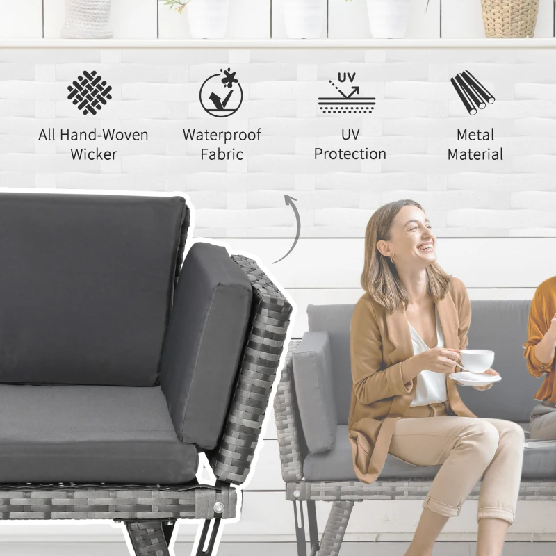 Outsunny Convertible Wicker Loveseat Grey Patio Chaise Lounge