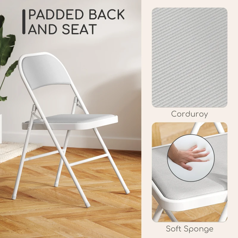 HOMCOM Set of 4 Metal Foldable Chairs, Corduroy Padded Folding Chairs with Cushion Seat and Open Back for Indoor, White