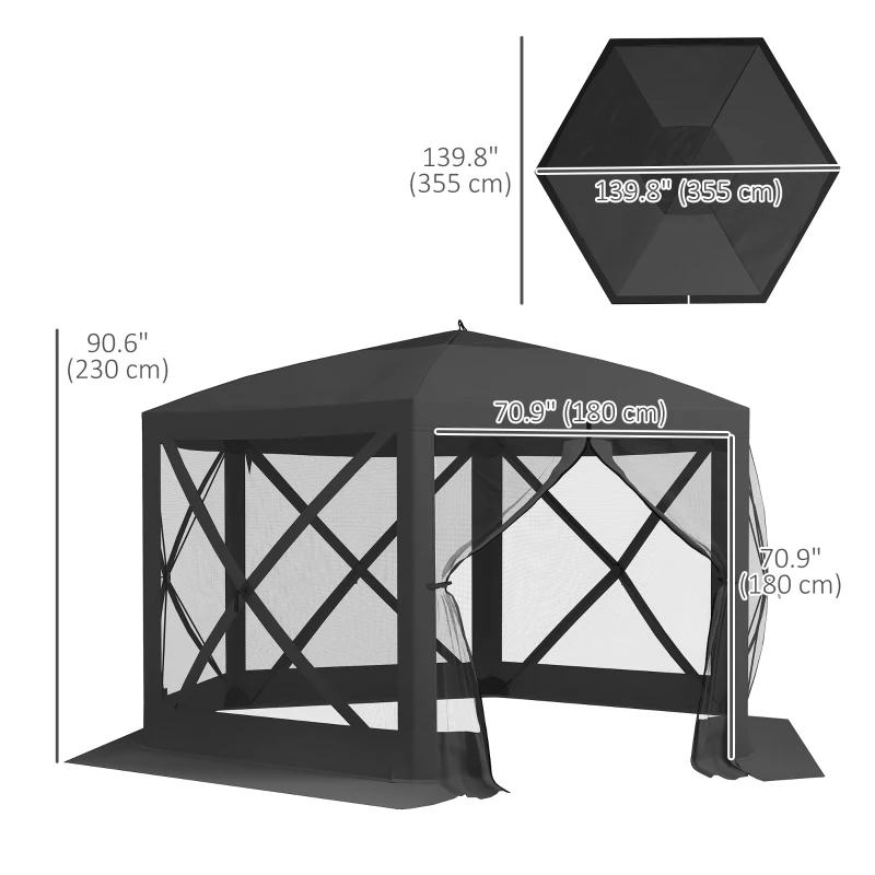 Outsunny 12' x 12' Hexagon Automatic Pop Up Screen Tents, Camping Shelter w/ Mesh Sidewalls and Carry Bag Black
