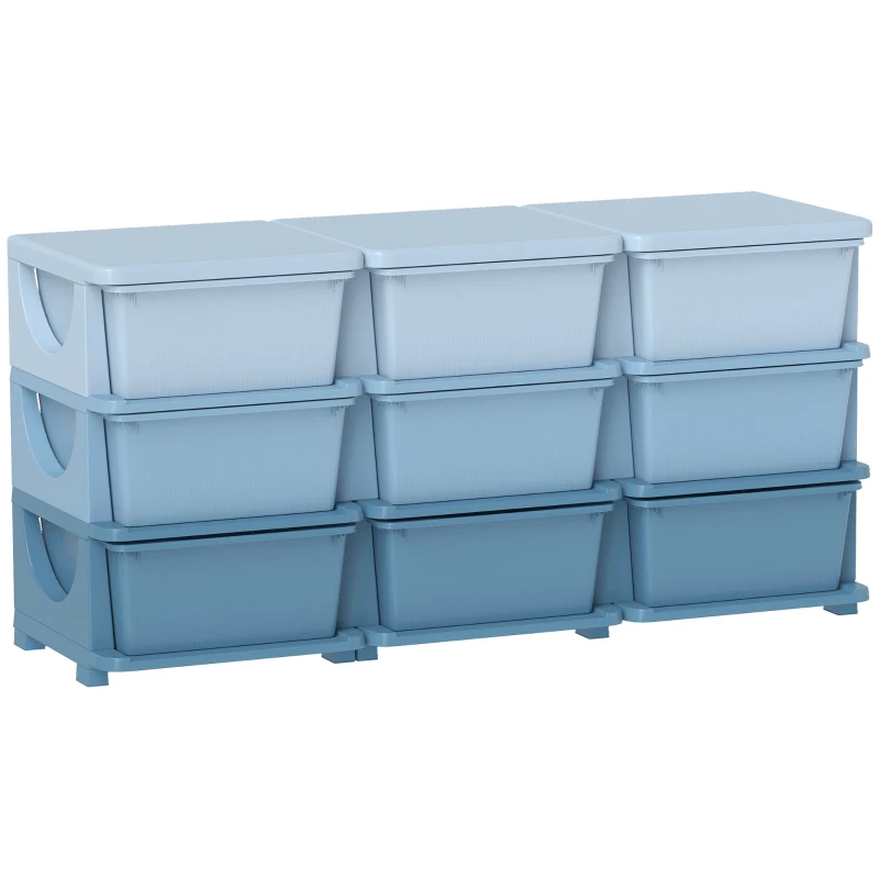 Qaba 3 Tier Kids Toy Organizer and Storage Bins with 9 Plastic Drawers, Blue