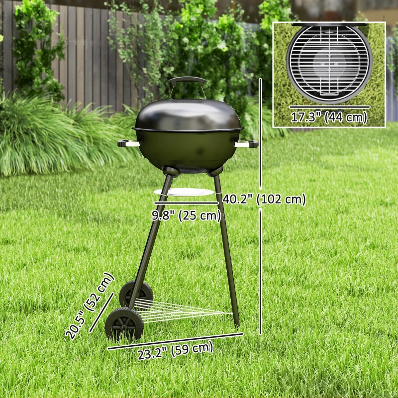 Outsunny 17" Kettle Charcoal BBQ Grill with BBQ Accessories, Barbecue Grill with Shelf, Ash Catcher, Wheels, Handles for Outdoor Cooking, Patio Backyard Party, Black