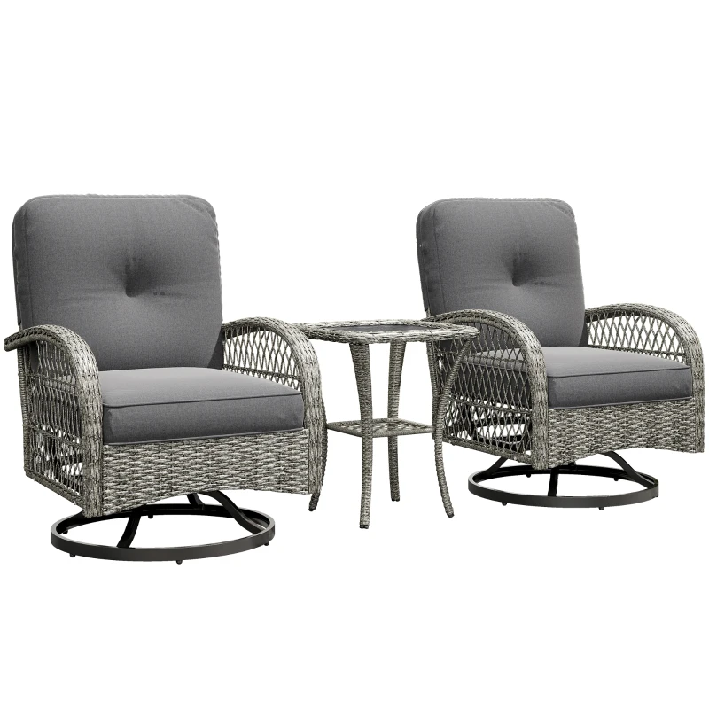 Outsunny Wicker Balcony Furniture with 2 Swivel Rocking Chairs and 2-Tier Glass Coffee Table, 3 Piece Patio Set for Porch, Grey