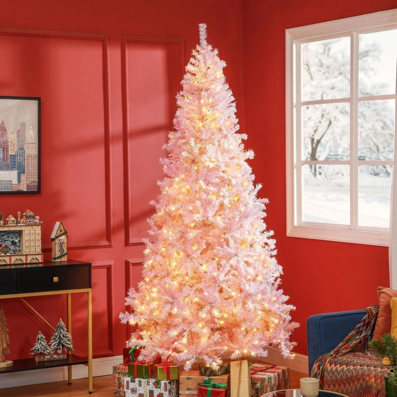HOMCOM 7.5 FT Tall PreLit Artificial Christmas Tree with Realistic Branches, 500 Warm White LED Lights and 1346 Tips, Pink