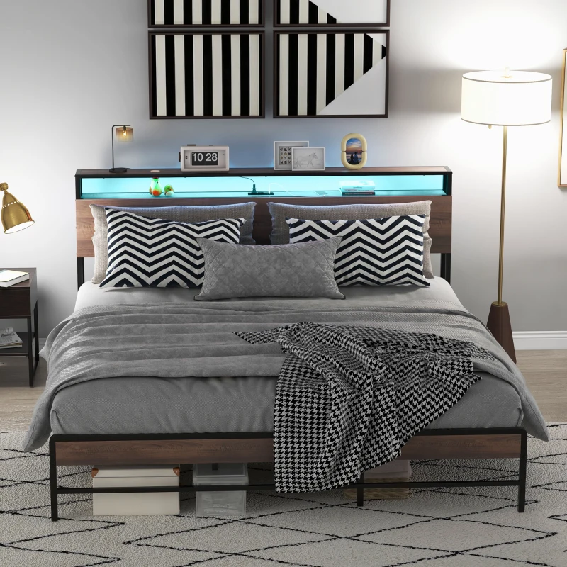 HOMCOM King Size Bed Frame with LED Lights and Charging Station, King Bed Frame with Storage Headboard, Noise-Free, Walnut