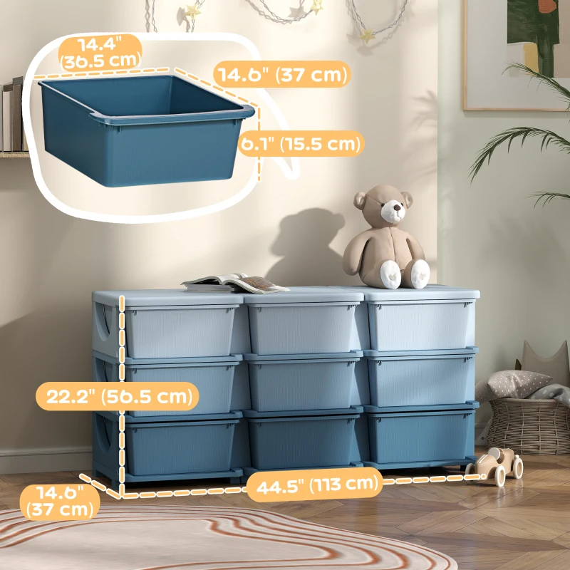 Qaba 3 Tier Kids Toy Organizer and Storage Bins with 9 Plastic Drawers, Blue