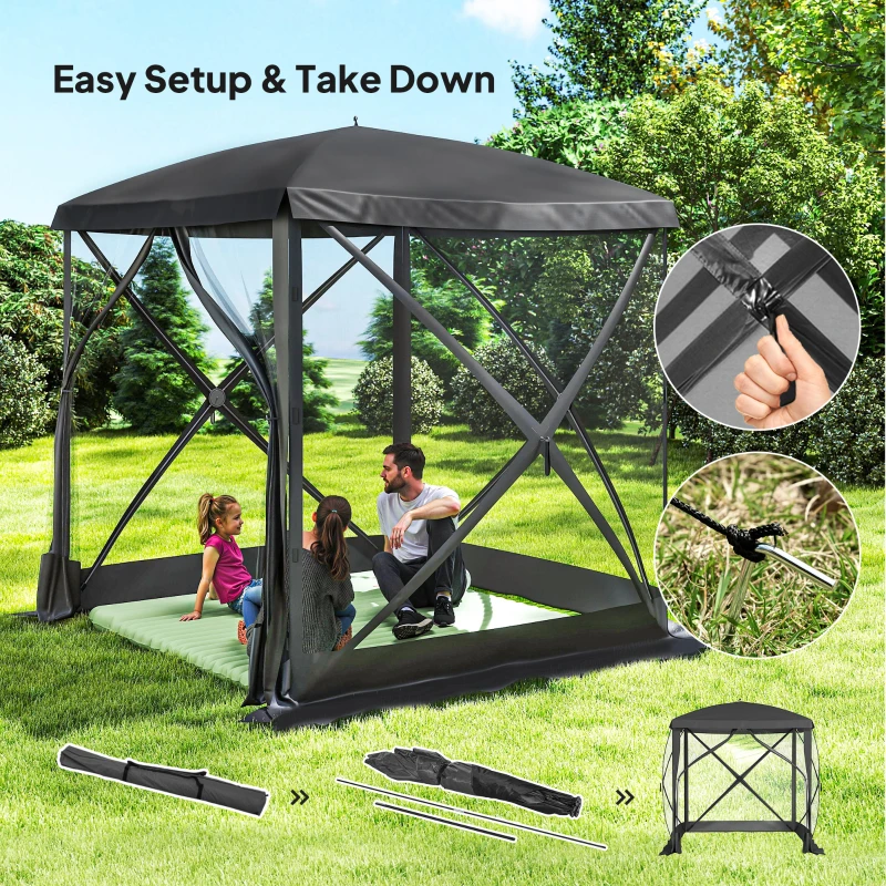Outsunny Pop-Up Tent, Foldable Screen Tent with Carry Bag, Zippered Door and Ground Stakes, Fits 3-4 People, Black