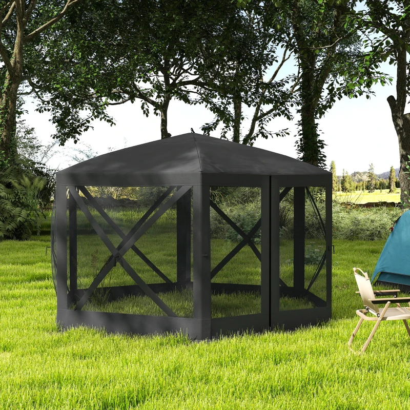Outsunny 12' x 12' Hexagon Automatic Pop Up Screen Tents, Camping Shelter w/ Mesh Sidewalls and Carry Bag Black