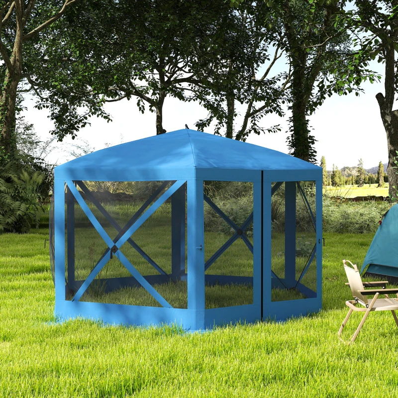 Outsunny 12' x 12' Hexagon Automatic Pop Up Screen Tents, Camping Shelter w/ Mesh Sidewalls and Carry Bag Blue