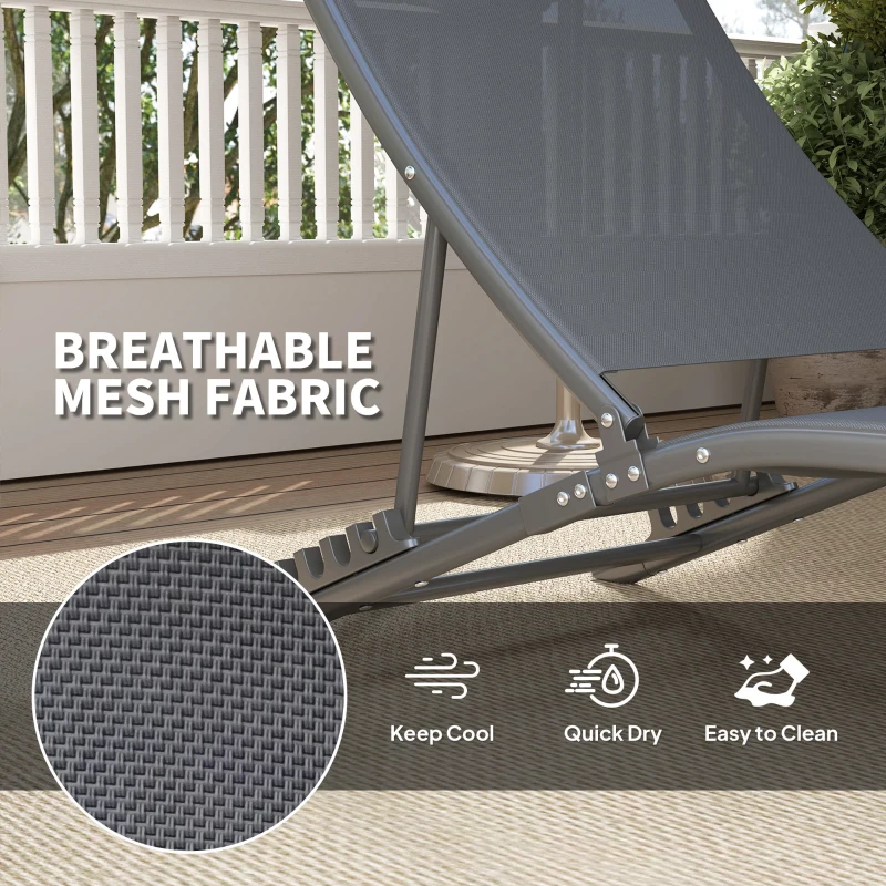 Outsunny Folding Outdoor Chaise Lounge Chair Set of 2 with Adjustable Backrest, Headrest, Mesh Seat for Beach, Poolside, Grey