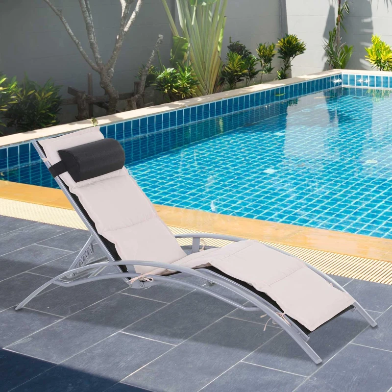 Outsunny Aluminum Patio Tanning Chair with Soft Padded Seat Cushion, Outdoor Lounge Chair with 5-Level Adjustable Backrest & Head Pillow, Beige