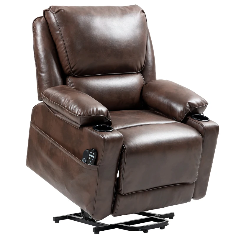 HOMCOM Power Lift Chair for Elderly, Faux Leather Recliner Sofa with Vibration Massage and Heat, Remote, Side Pockets, Brown(m-12)