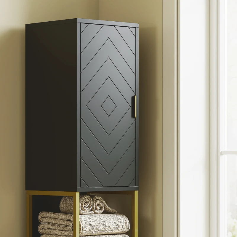 kleankin Tall Bathroom Storage Cabinet, Modern Narrow Bathroom Cabinet with Diamond Chevron Pattern and Adjustable Shelf, Black