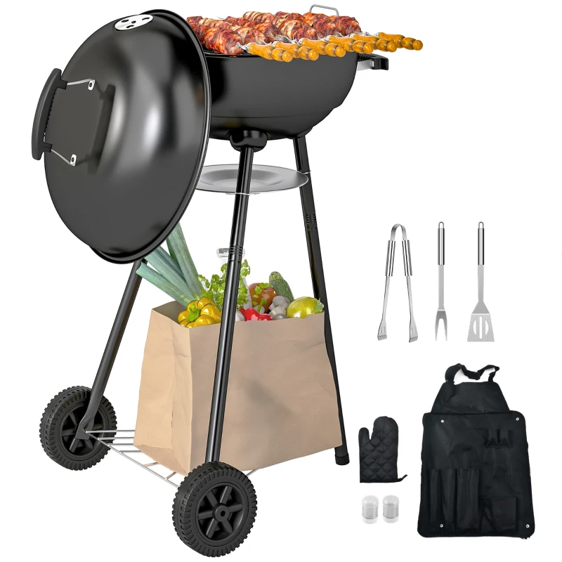 Outsunny 17" Kettle Charcoal BBQ Grill with BBQ Accessories, Barbecue Grill with Shelf, Ash Catcher, Wheels, Handles for Outdoor Cooking, Patio Backyard Party, Black