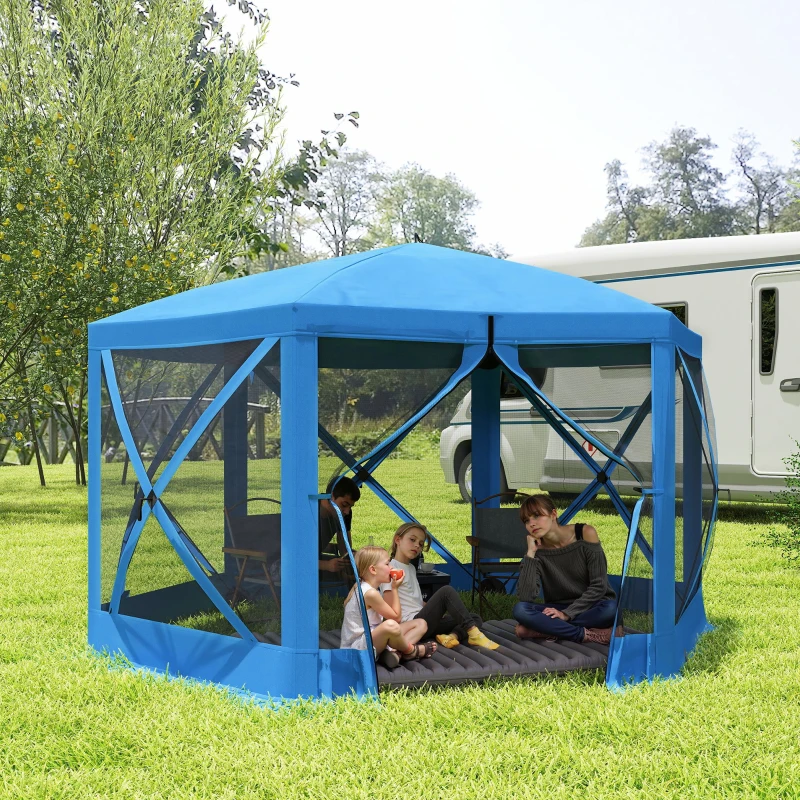 Outsunny 12' x 12' Hexagon Automatic Pop Up Screen Tents, Camping Shelter w/ Mesh Sidewalls and Carry Bag Blue