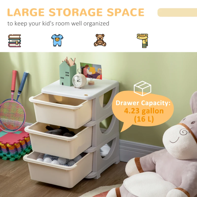 Qaba 3 Tier Kids Toy Organizer and Storage Bins with 3 Plastic Drawers, Cream White