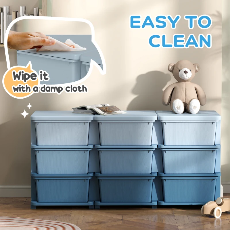 Qaba 3 Tier Kids Toy Organizer and Storage Bins with 9 Plastic Drawers, Blue