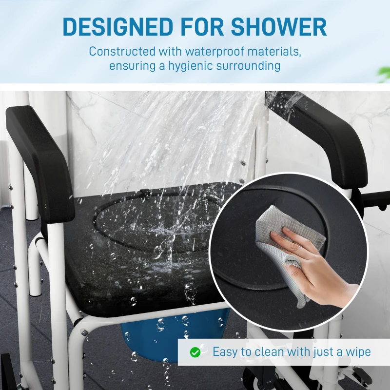 HOMCOM Rolling Shower Wheelchair for Seniors, Bedside Commode Chair with Locking Wheels, Seat, Backrest, Arms, Black