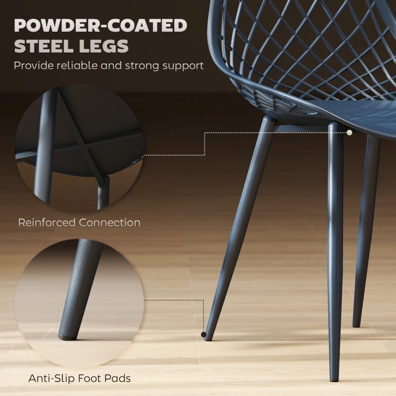 HOMCOM Modern Dining Chairs Set of 4, Plastic Kitchen Chairs with Hollow Backrest and Metal Legs for Living Dining Room, Blue
