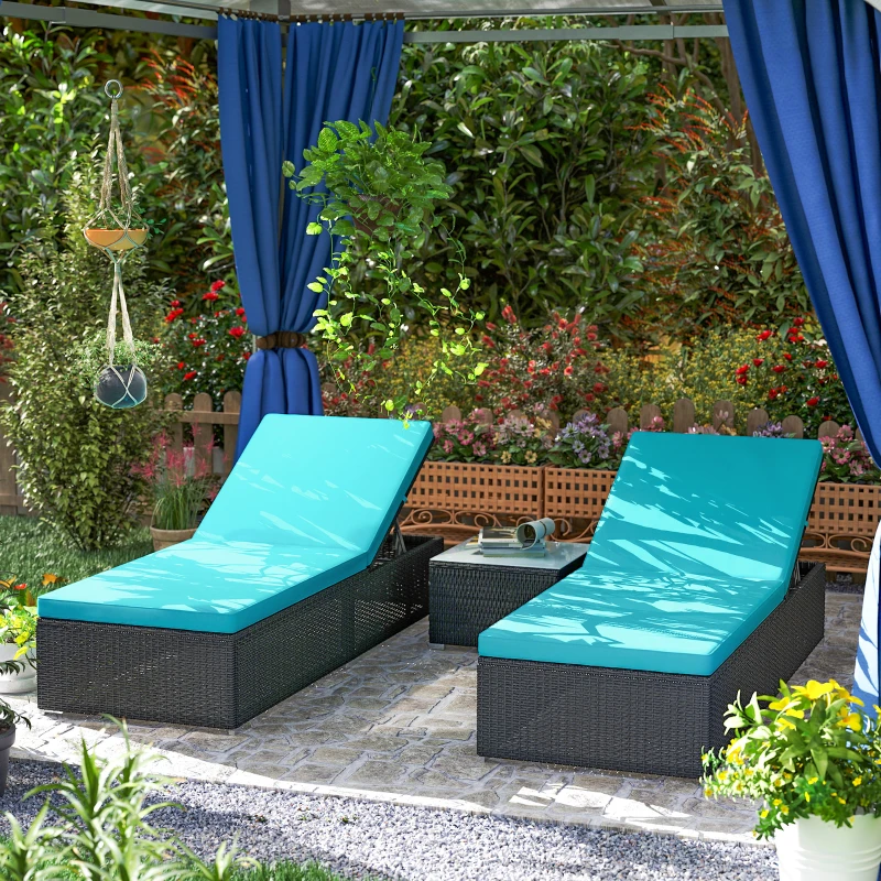 Outsunny 3pc Rattan Lounge Chair Set with Side Table Outdoor Patio Synthetic Rattan Wicker Sun Bed Set with Cushion