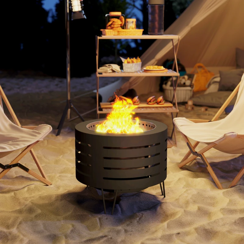 Outsunny Round Fire Pit with Fire Poker, Portable Wood Burning Firepit with Ash Tray and Hairpin Legs, Outdoor Fireplace, Black