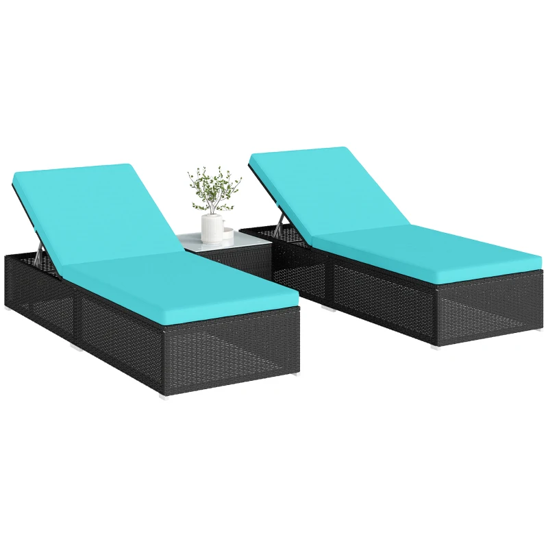 Outsunny 3pc Rattan Lounge Chair Set with Side Table Outdoor Patio Synthetic Rattan Wicker Sun Bed Set with Cushion