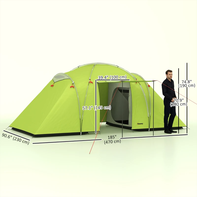 Outsunny 4-6 Person Camping Tent, 2000mm Waterproof Tunnel Tent with 2 Bedrooms, Living Area, Vestibule, Lamp Hook and 4 Doors