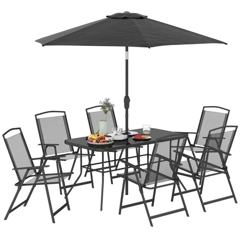 Outsunny 8 Piece Outdoor Dining Set, Patio Furniture Set with Umbrella, 6 Folding Chairs, Rectangle Table and Mesh Seat, Black