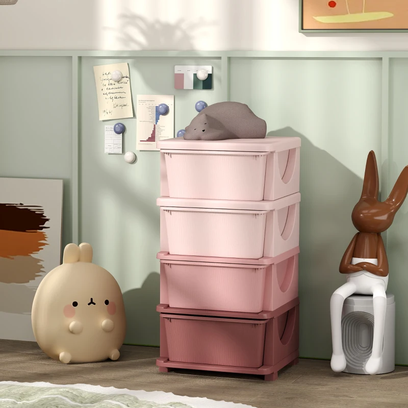 Qaba 4 Tier Kids Toy Organizer and Storage Bins with 4 Plastic Drawers, Pink