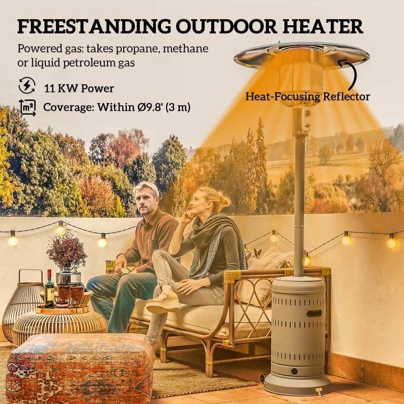 Outsunny 48000 BTU Portable Outdoor Propane Heater, Free Standing Adjustable Patio Gas Heater with Tip-over Protection and Wheels for Garden, 32.3" x 32.3" x 87.8", Grey