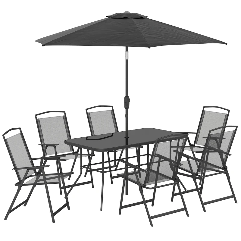 Outsunny 8 Piece Outdoor Dining Set, Patio Furniture Set with Umbrella, 6 Folding Chairs, Rectangle Table and Mesh Seat, Black