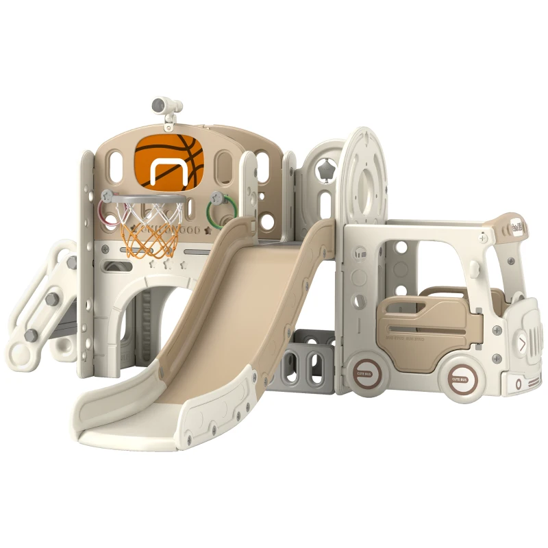 Qaba 9 in 1 Toddler Slide for Kids Ages 1-6 with Bus Front, Basketball Hoop, Climber, Storage Space, Ring Toss, Cream White