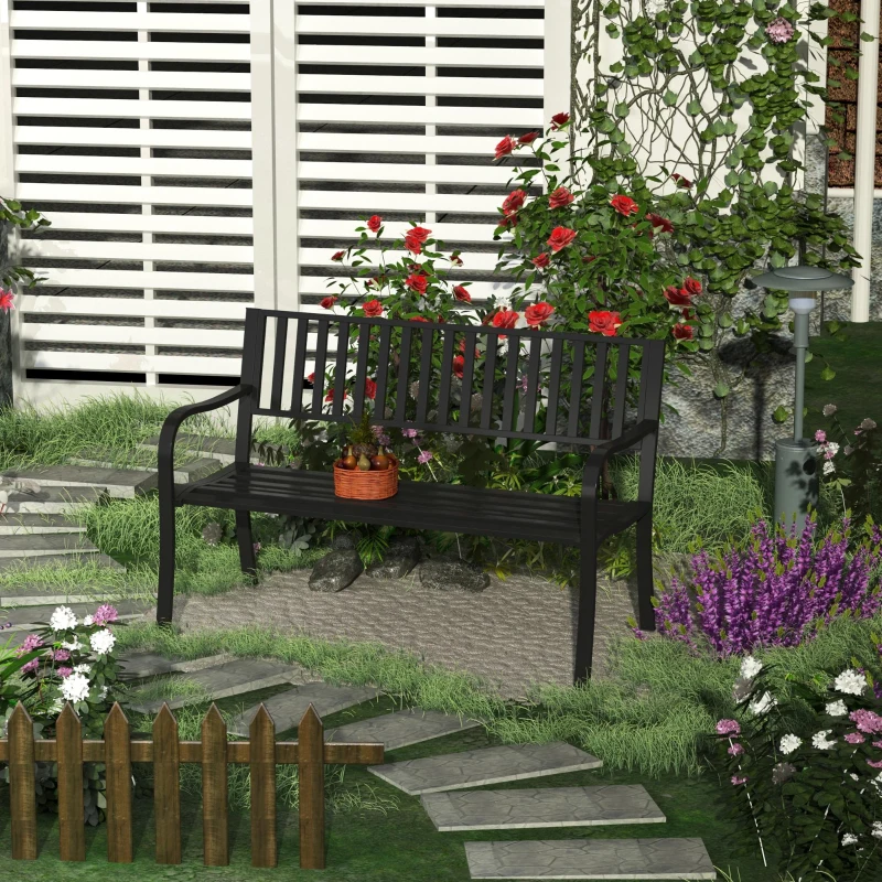 Outsunny 50" Outdoor Garden Bench, Patio Bench with Slatted Seat, Metal Porch Bench for Backyard, Poolside, Lawn, Black