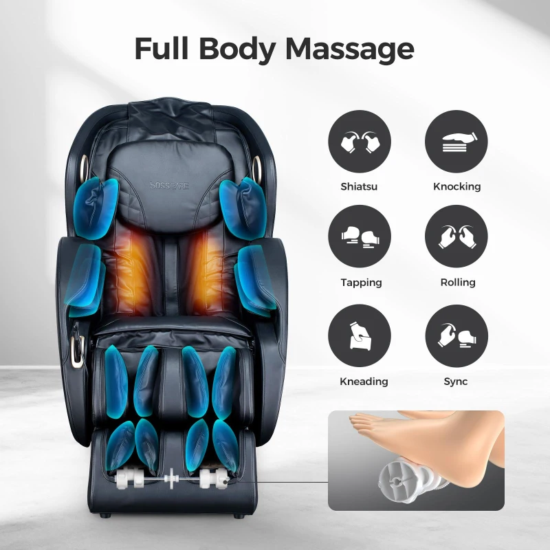 BOSSCARE 3D Zero Gravity Massage Chair with Voice and App Control, Back Heating, Full Body Shiatsu Recliner, 52" L x 29" W x 43" H, Black