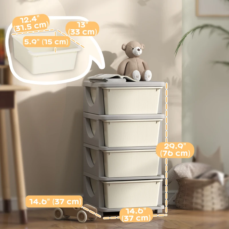 Qaba 4 Tier Kids Toy Organizer and Storage Bins with 4 Plastic Drawers, Cream White