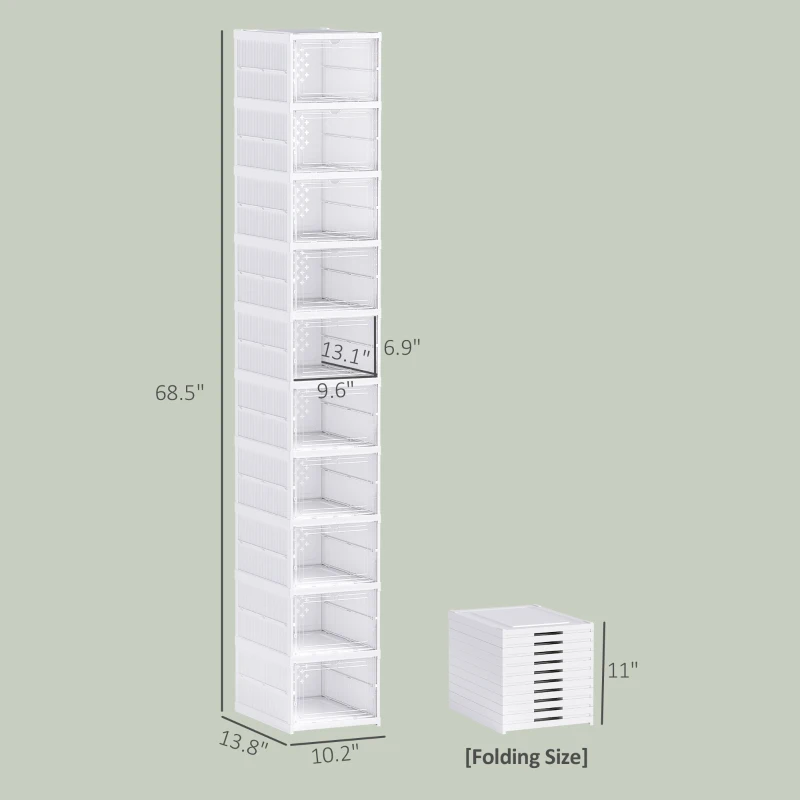 HOMCOM Stackable Plastic Shoe Boxes, 10 Pack Foldable Shoe Storage Boxes with Clear Door, No Assembly, Fit Size 10, White