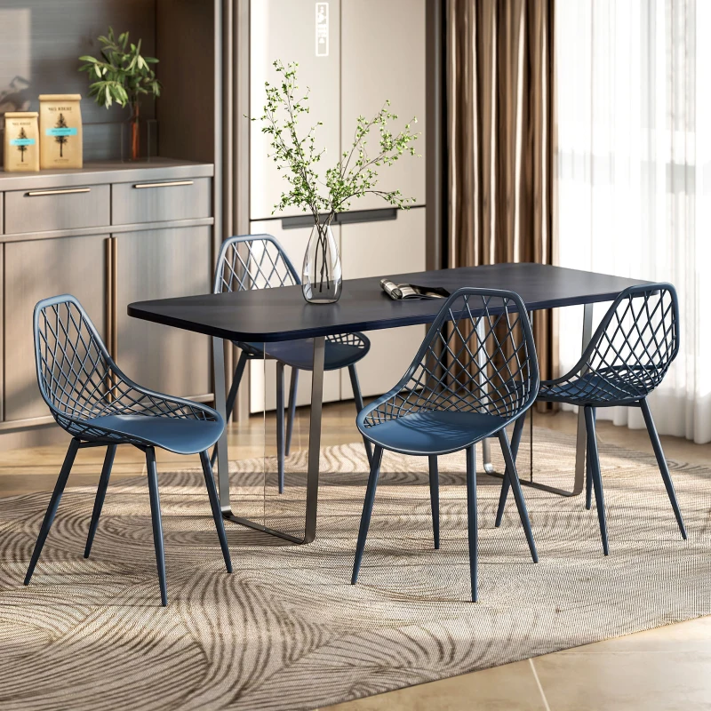 HOMCOM Modern Dining Chairs Set of 4, Plastic Kitchen Chairs with Hollow Backrest and Metal Legs for Living Dining Room, Blue