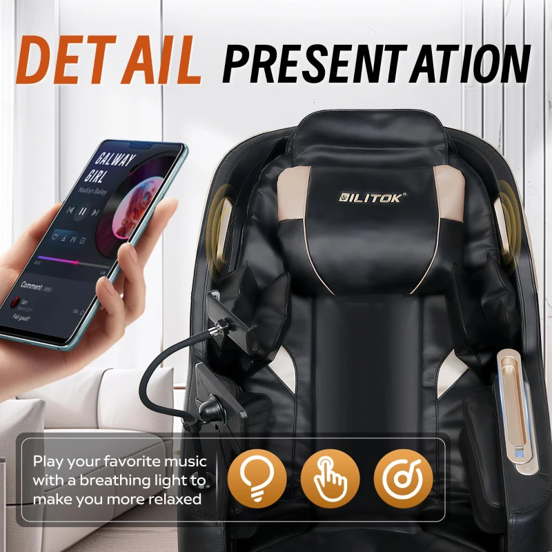 Massage Chair Recliner with Zero Gravity, Full Body Air Pressure, Automatic Modes, Heating Function, Bluetooth Audio, 55" D x 27.5" W x 47" H, Black