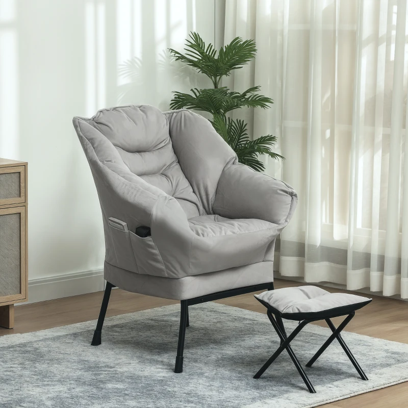 HOMCOM Lazy Chair and Ottoman Set, Fabric Upholstered Accent Chair with Side Pockets, for Living Room, Bedroom, Light Gray