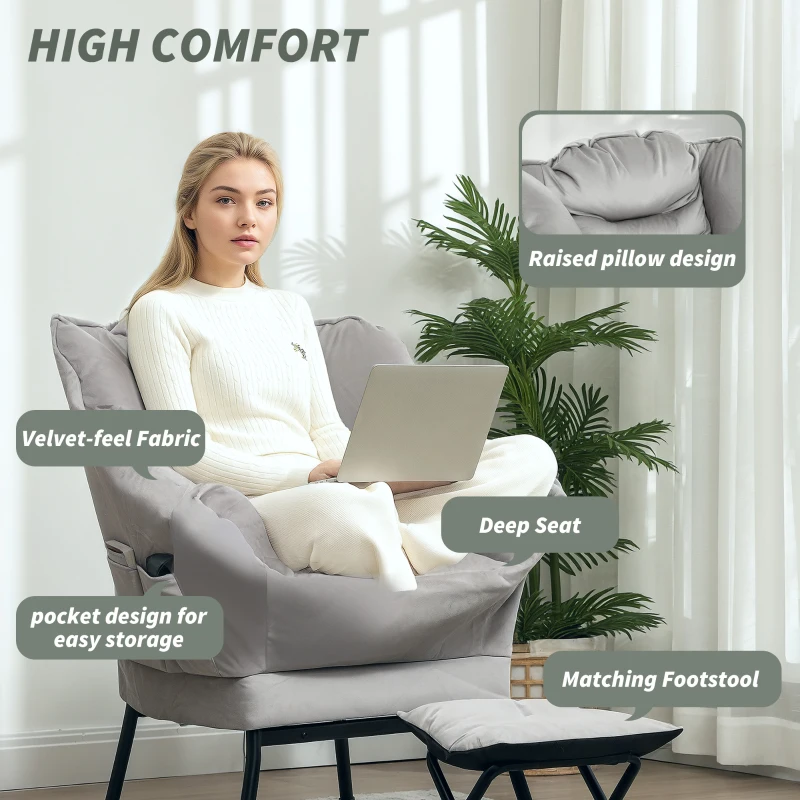 HOMCOM Lazy Chair and Ottoman Set, Fabric Upholstered Accent Chair with Side Pockets, for Living Room, Bedroom, Light Gray